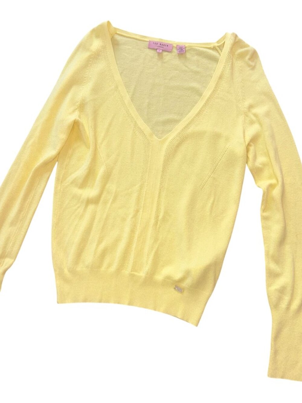Ted Baker London V-Neck Fine Knit Sweater Size 1 Size Small Butter Yellow